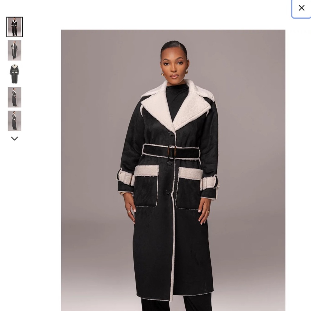 JLUXLABEL Women's Suede and Sherpa Black and Cream Belted Coat